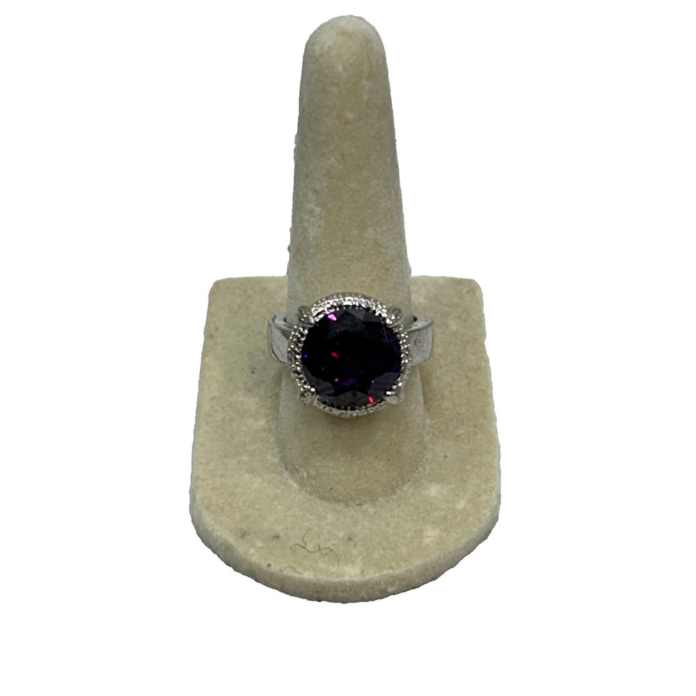 Silver Tone Halo Round Purple Alexandrite Ring Sz 7 CZ Accent Cocktail Statement
